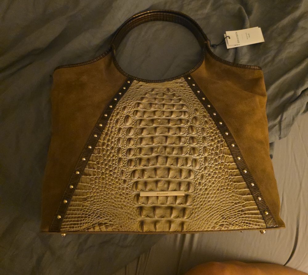 Brahmin Brown Suede & Croc-Embossed Tote
